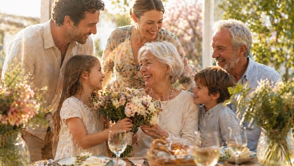 Anyák napi virágcsokor és ünnepi családi hangulat