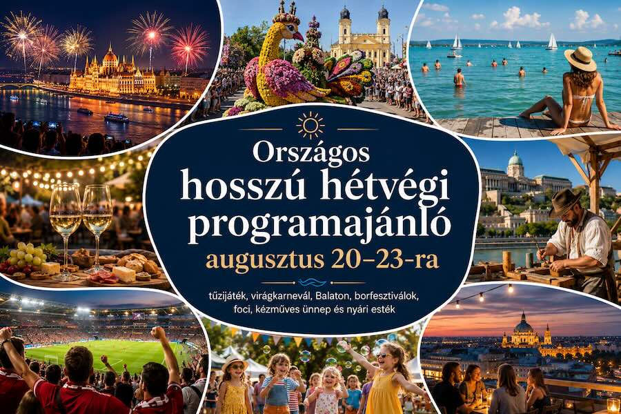 Országos hosszú hétvégi programajánló augusztus 20–23-ra: tűzijáték, Szent István Nap, Virágkarnevál, Balaton, borfesztiválok, foci, kézműves ünnep és nyári esték Országos hosszú hétvégi programajánló augusztus 20–23-ra: tűzijáték, Szent István Nap, Virágkarnevál, Balaton, borfesztiválok, foci, kézműves ünnep és nyári esték