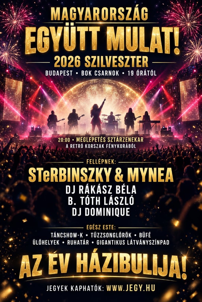 Együtt búcsúztatja az ország 2026-ot: szilveszteri házibuli a BOK Csarnokban – az Esti Hírlap és a MaxLine médiatámogatásával Együtt búcsúztatja az ország 2026-ot: szilveszteri házibuli a BOK Csarnokban – az Esti Hírlap és a MaxLine médiatámogatásával